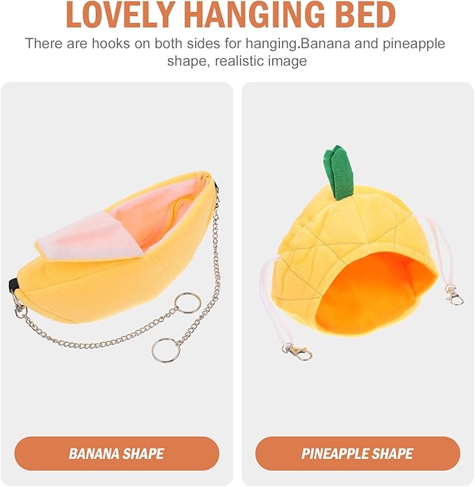 OUNONA 2pcs Small Pet Hammock Bed Set, Pineapple and Banana Shape Hanging Nest, Soft Cotton Warm for Hamsters and Small Animals, Creative Animal Cage Accessories