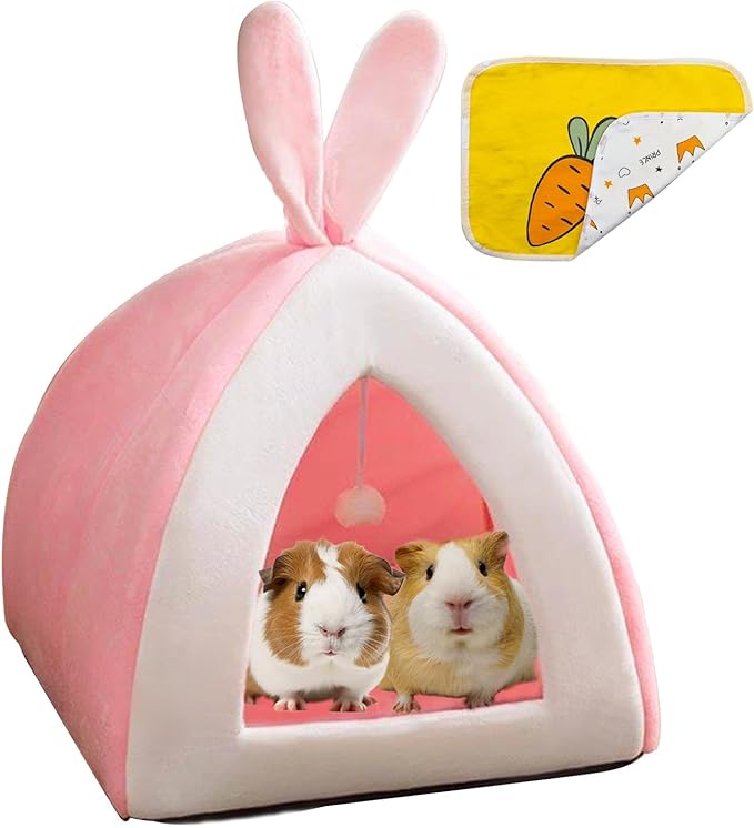 Guinea Pig Bed,Fleece Bunny Hideout House,Warm Rabbit Sleeping Bed with Pee Pad,Winter Large Hiding Hut for Hamster Ferret Rat Chinchilla Hedgehogs,Pink