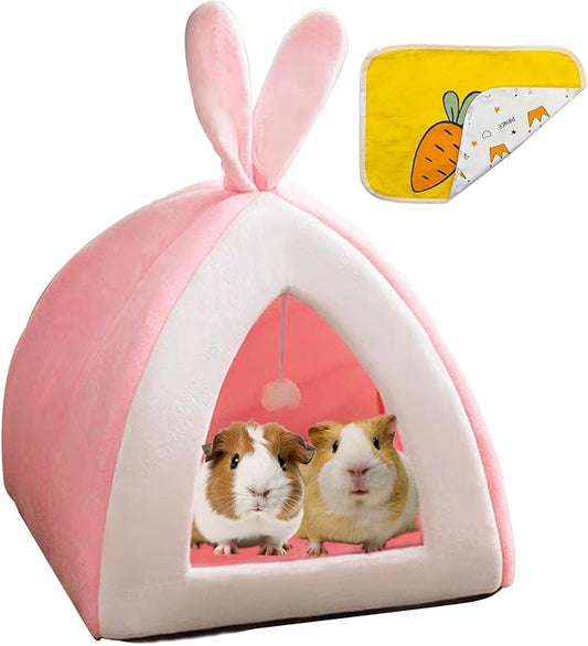 Guinea Pig Bed,Fleece Bunny Hideout House,Warm Rabbit Sleeping Bed with Pee Pad,Winter Large Hiding Hut for Hamster Ferret Rat Chinchilla Hedgehogs,Pink