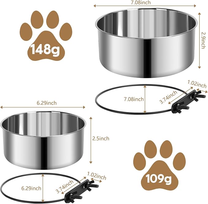 2 Pack Large Kennel Bowls Mountable,Dog Crate Water Bowl No Spill,Hanging Dog Bowl for Crate Cage,Stainless Steel Dogs Water Feeder Dish for Dogs Cats Bunny Ferret Bird,Silver