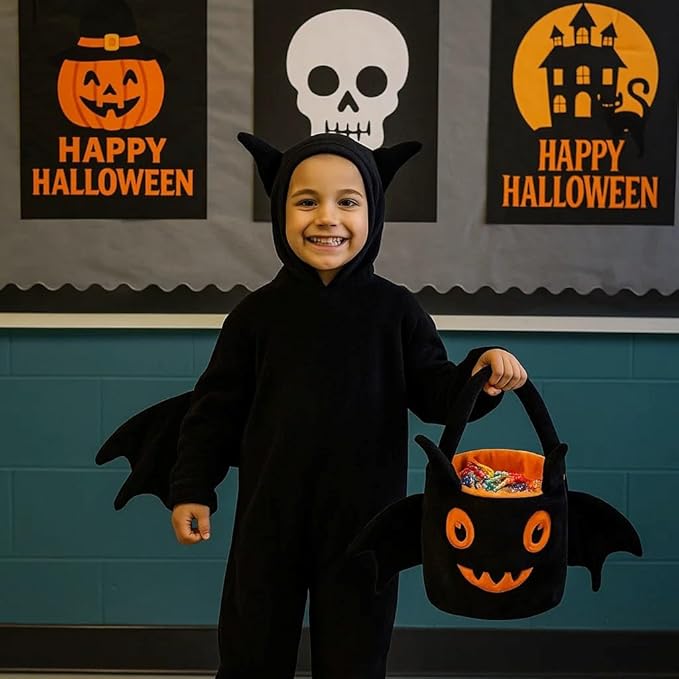 Halloween Plush Treat Basket, Halloween Candy Basket, Trick-or-Treat Bag( Black Orange Bat)