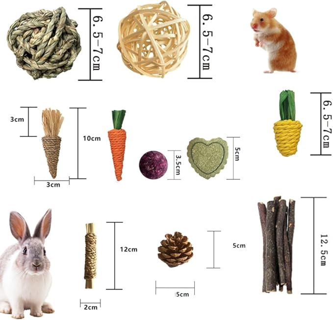 Hamster Chew Toys, 11PCS Rabbit Molars Care Set Sweet Bamboo Water Grass Ball and Cake Apple Branch Treats for Chinchilla