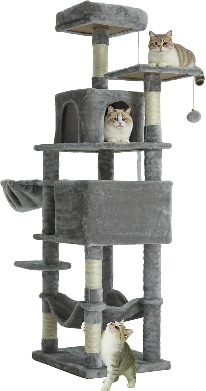 61 Inch Cat Tree with Platform & Hammock, Plush Perch Scratcher & Playhouse for Indoor Cats(Grey)