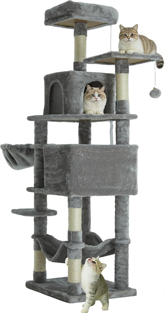 61 Inch Cat Tree with Platform & Hammock, Plush Perch Scratcher & Playhouse for Indoor Cats(Grey)