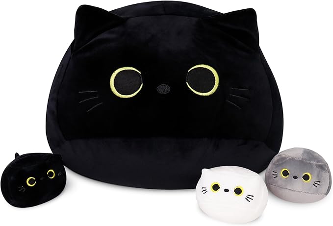 WeBingo Black Cat Plush Toy 4-Piece Set, 16'' Giant Cat Stuffed Animal Plushies Pillow with 3 Babies for Girl Boy Kid Adult, Large Big Soft Gift for Birthday Christmas Valentine's Day Home Decor