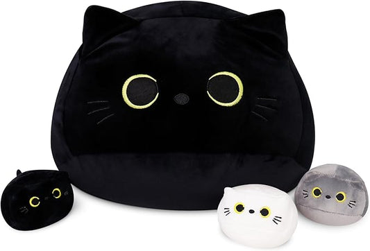 WeBingo Black Cat Plush Toy 4-Piece Set, 16'' Giant Cat Stuffed Animal Plushies Pillow with 3 Babies for Girl Boy Kid Adult, Large Big Soft Gift for Birthday Christmas Valentine's Day Home Decor