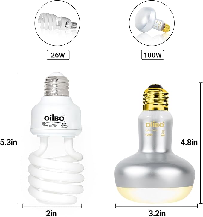 Reptile Heat Lamp Blub Combo Pack, Dual Reptile Lamp Fixture with Intense Basking Spot Light UVA Daylight Reptile Heat Lamp & 26W Energy Saving UVA 10.0 UVB Bulb Spiral Compact Bulb