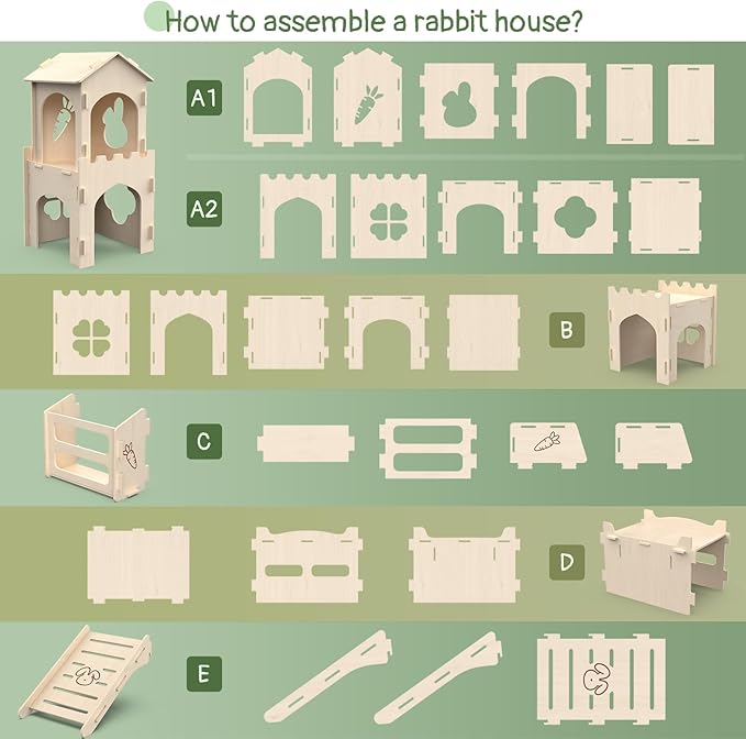 Wooden Rabbit House Extra Large 2-Level Bunny Hideout for Indoor Pets, Castle with Feeder & Stair