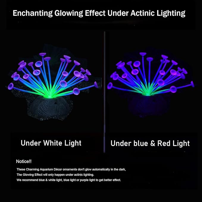ZtohPyo Glowing Effect Soft Coral Aquarium Fish Tank Decorations Silicone Glow Artificial Ornament Coral Reef Plants for Aquarium Small/Large Fish Bowl Decor Accessories (Purple Trumpet-Shaped)