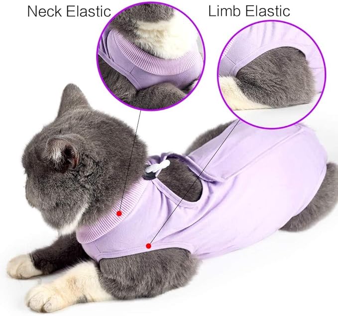 kzrfojy Cat Surgery Recovery Suit Cat Onesie for Cats After Surgery Spay Surgical Abdominal Wound Skin Diseases E-Collar Alternative Wear (Pruple-M)