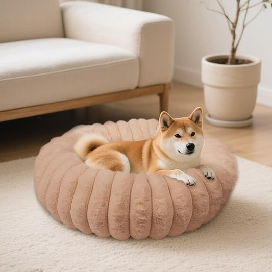 Donut Dog and Cat Bed, Luxurious Comfortable Faux Rabbit Fur Pet Beds, Round Anti-Anxiety Calming Puppy Kitten Bed with Anti-Slip Bottom for Small Medium Dogs & Cats(26", Brown)