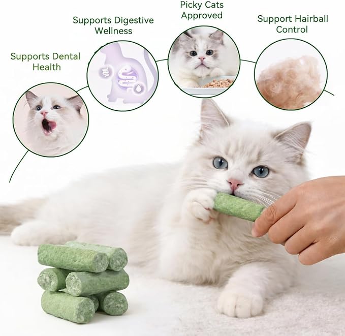 Freeze-Dried Chicken Cat Dental Treats with Cat Grass & Prebiotics, Sticks for Indoor Cats Digestive & Hairball Support, 4 oz