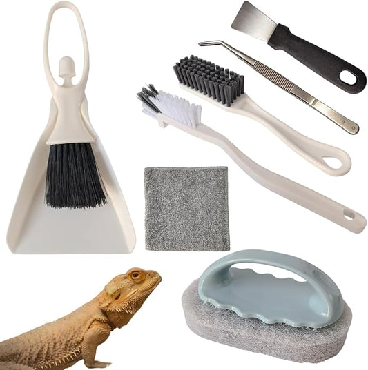 7PCS Bearded Dragon Tank Cleaning Kit, Specialized Cleaning Tool Set for Reptile Tanks, Includes Curved Tweezers, Glass Scraper, Desktop Dustpan, Tile Brush, Charcoal Cloth, Gap Brush, and Scraper