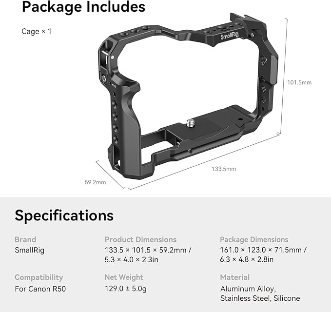 SmallRig R50 Cage for Canon R50 Camera, Aluminum Alloy with Quick Release Plate for Arca Stand, Cold Shoe, NATO Rail and Threaded Holes - 4214