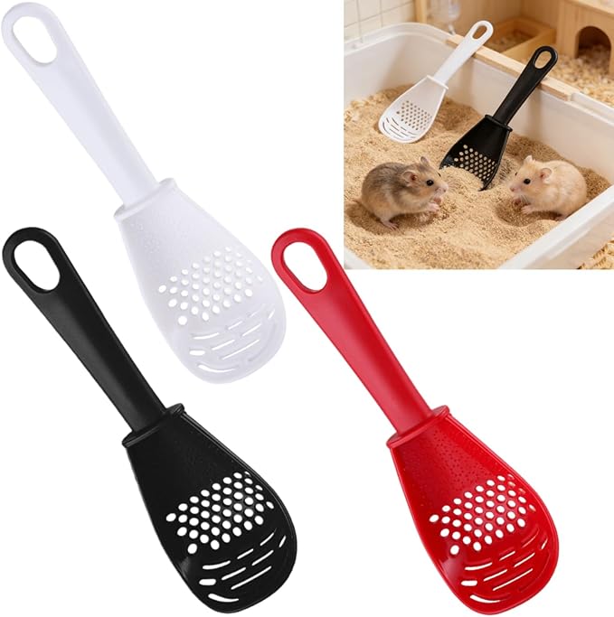 3 Piece Set Small Animal Litter Scoop Red White Black Plastic Mesh Scooper Hamster Cage Accessories Litter Sifter with Small Holes for Sand Bath