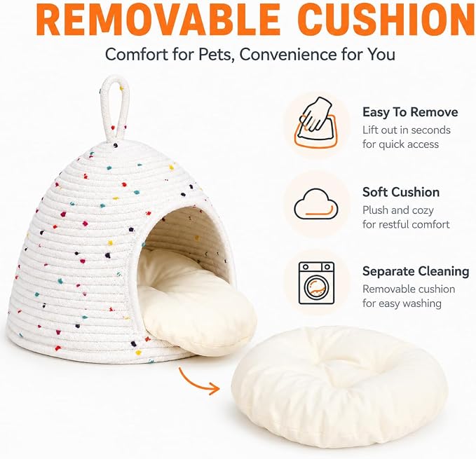 Guinea Pig Hideout Bed, 11 x 9.8 in Small Animal Hideaway House with Removable Cushion, Washable Cotton Rope Cozy Cave for Guinea Pigs, Chinchillas, Hedgehogs, Hamsters, Small Bunny