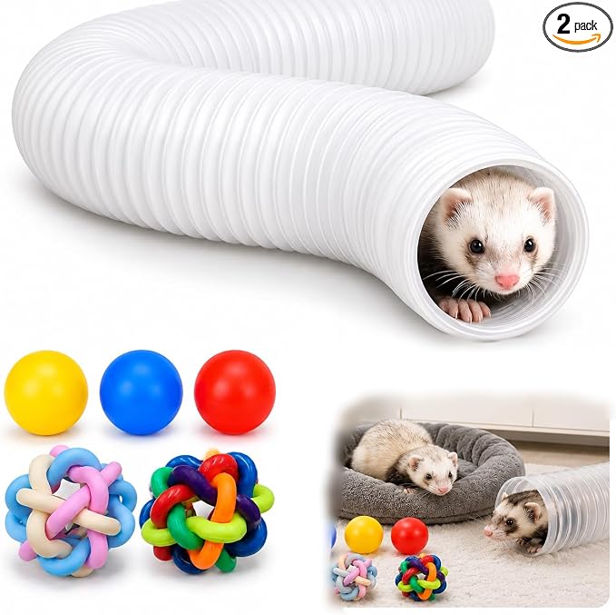 Ferret Tunnel Toy Ball Set with 2 Collapsible Tunnels for Small Pets | Polyester, for ferrets, guinea pigs & hamsters, includes 2 bell balls & 3 foam balls, lightweight, foldable
