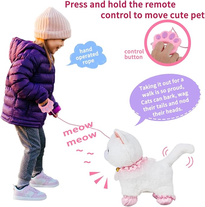 Jimate Interactive Electronic Plush Toy Walking and Barking Robot Cat Plush Cat Remote Control Kitten for Girls (White Cat)