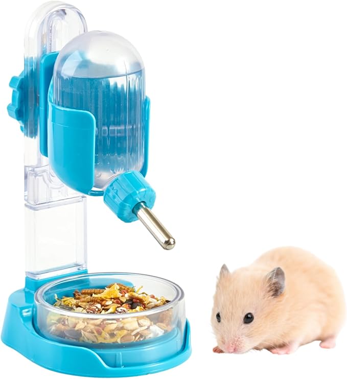 Hamster Water Bottle with Stand, 3.4 oz Water Dispenser with Food Bowl for Syrian Dwarf Hamster Mouse Rat Degu