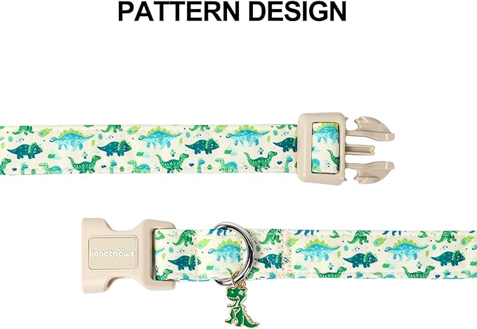 Lionet Paws Green and Blue Dinosaur Dog Collar- Cute Stegosaurus and Raptor Beige Dog Collars with Plastic Buckle, Light Adjustable Dog Collars for Small Medium Dogs