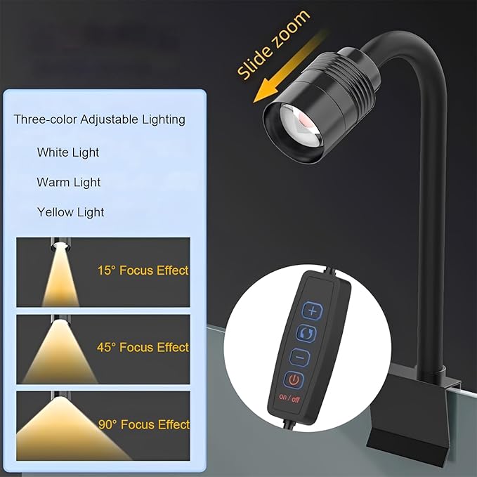 Zoom Mini Aquarium Spotlight with Timer – Gooseneck Clip-On Lamp, 15°–90° Zoom Beam, Tri-Color White/Warm White/Warm Light, Full Brightness Dimming (Black - NO Timer)