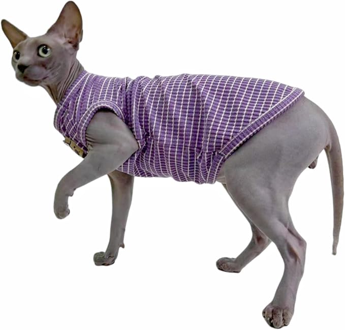 Purple Stripe Sphynx Cat Vest Clothes for Hairless Cat T-Shirt Apparel | Sleeveless, Rib Knit, Thin for Summer, Cotton Blend