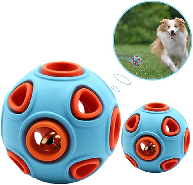 WishLotus Interactive Dog Toy With Ring Bell Squeak - Rubber Bouncy Ball for Pet Exercise, IQ Training, Search & Catch - Bite Resistant Chewing Puzzle Toy (L, Orange&Blue)