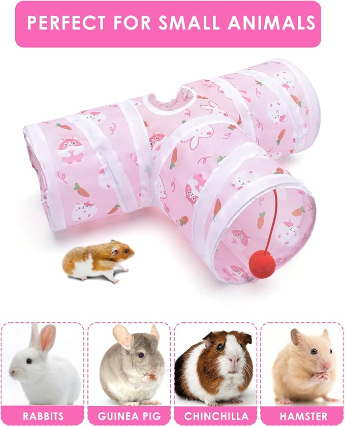 Ferret Guinea Pig Tunnel Collapsible Bunny Tube with 1 Play Ball 3 Ways Pet Rabbit Tunnels Hideout for Indoor Kitten Chinchilla Hamster Rat Small Pet Activity Fun Toys (Pink)