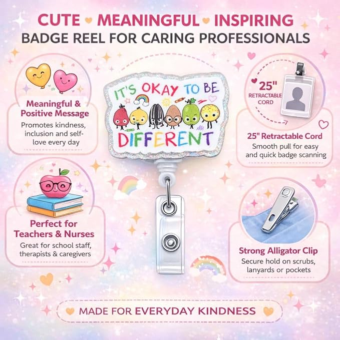 It’s Ok to Be Different Badge Reel Neurodiversity Awareness Retractable ID Holder for Psych Teacher Nurse Special Education RBT Counselor Social Worker Therapist Behavioral Health Gift Accessories