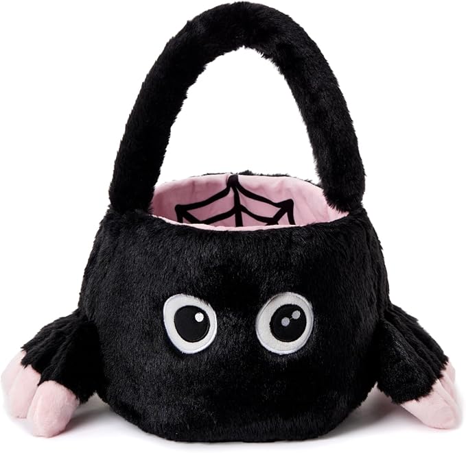 Halloween Plush Treat Basket, Halloween Candy Basket, Trick-or-Treat Bag,(Pink Black Spider)