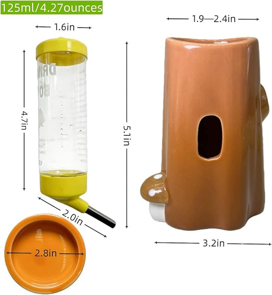 Hamster Water Bottle Ceramic Hamster Water Dispenser No Drip Feeder with Food Bowl for Mice Rats Hedgehog Chinchilla