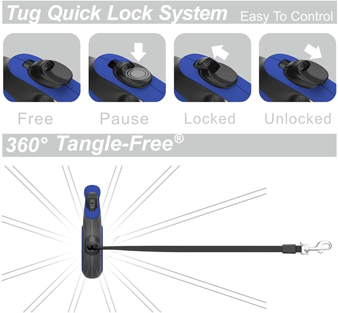 TUG 360° Tangle-Free Retractable Dog Leash with Anti-Slip Handle | 16 ft Strong Nylon Tape | One-Handed Brake, Pause, Lock (Large, Blue)