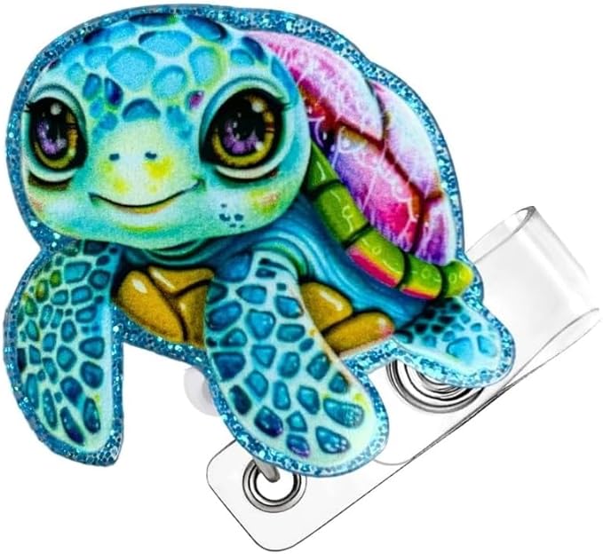 YJ PREMIUMS Turtle Badge Reel Holder Sea Turtle Name Tag ID Alligator Clip Retractable Reels Lanyard for Nurse Pediatric PEDS | Cute Shell Animals Fish Summer Tropical Beach Crystal Supplies Gifts