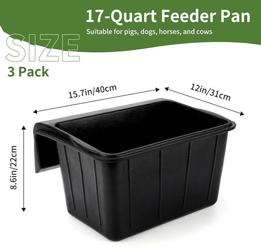 3 Pack 17 Quart Rubber Horse Feed Bucket Heavy Duty Plastic Hay Feeder for Stall Fence Pasture Stable Mountable Cattle Sheep Cow Feeding Pan with Hook for Easy Hanging Black