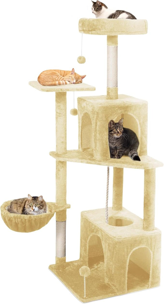 54-Inch Cat Tree Tower with 2 Caves & 2 Pompoms - Multi-Level Tower for Indoor Cats, Soft Plush Condo with Scratching Posts - Sturdy Base for Large Cats(Beige)