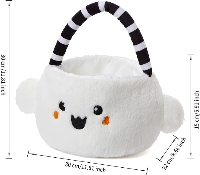 Halloween Plush Treat Basket, Halloween Candy Basket, Trick-or-Treat Bag(White Ghost)