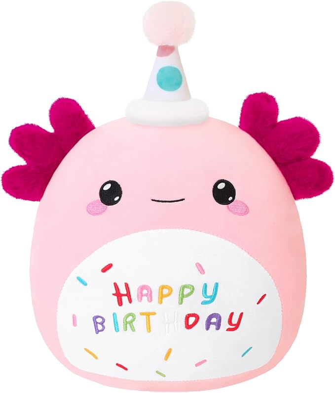 SQEQE Happy Birthday Axolotl Plush Axolotl Stuffed Animal Toy Pink Birthday Plushies Home Decor for Girls Boys Kids (8Inch)