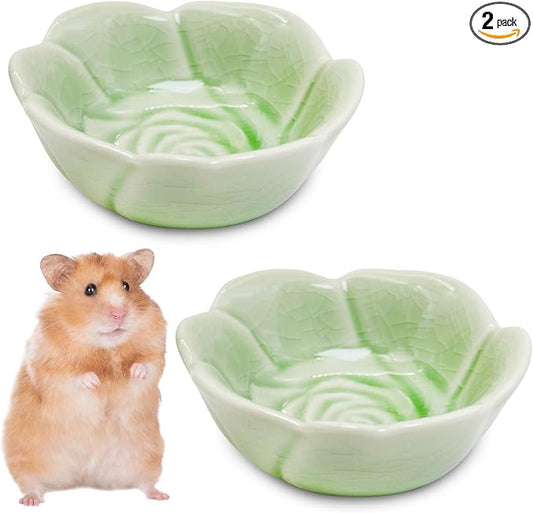 BNOSDM 2 Pcs Hamster Ceramic Food Bowl Flower Series Gerbil Drinking Bowls Anti-Turning Food & Water Dish for Dwarf Syrian Hamsters Gerbil Chinchilla（Green, Rose Pattern）