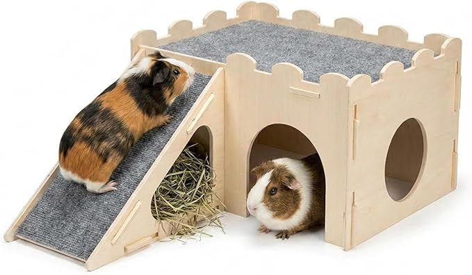Guinea Pig Hideout Wooden House with Ramp, Small Animal Castle with Multiple Entrances and Built-in Hay Nook, for Guinea Pig, Chinchilla