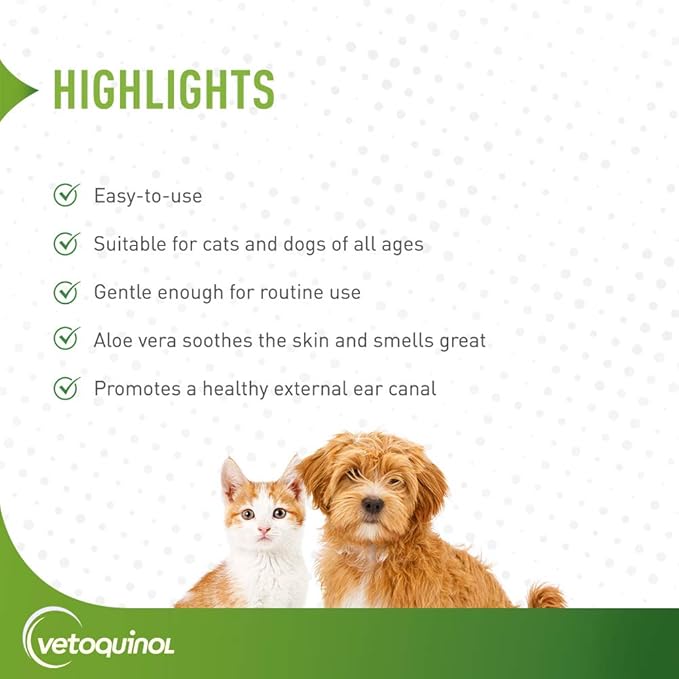 Vetoquinol Ear Cleansing Solution - Gentle Cleaner to Remove Dirt & Debris - Easy-to-Use Drops for Cats & Dogs - Support Clean and Fresh-Smelling Ears - Ideal for Routine Pet Hygiene - 4 Ounces