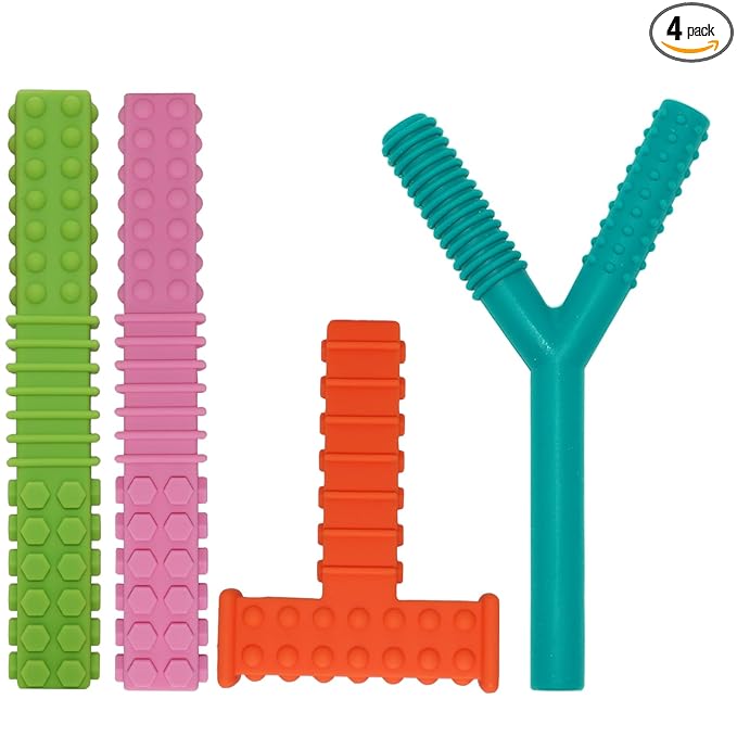 Sensory Chew Toys for Autistic Children, 4 Pack Silicone Chew Tube Teething Sticks Toys for Autism, ADHD, SPD, Chewies with Special Needs, Oral Motor Chewy Tool for Sensory Kids Chewer