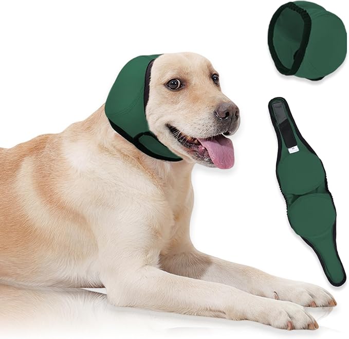 Dog Ear Cover for Hematoma,Bathing,Grooming,Drying,Fashion No Shake Ear Wraps for Dogs Ear Muffs Noise Protection Anxiety Relief,Waterproof Dog Calming Hoodie Shower Cap(Green,S)