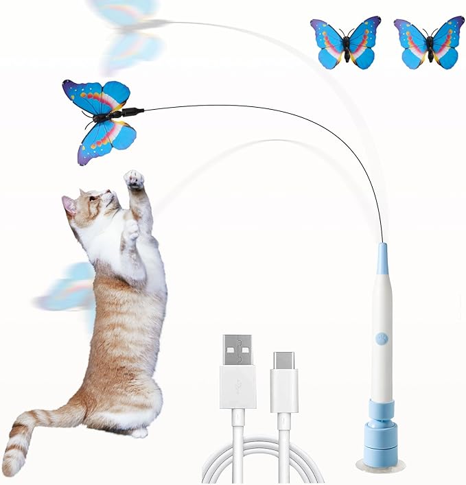 Electric Butterfly Cat Wand – 360° Spinning Self-Play with 2 Modes & Tap-to-Awake, Rechargeable Cleanable Suction Base, 3 Butterfly Refills – Interactive Cat Toys for Indoor Cats