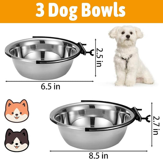 kathson Dog Kennel Bowls for Crates, 3 Pcs Stainless Steel Pet Food Water Bowls with Clamp Holder Hanging Metal Puppy Feeding Dish Cage Coop Cup for Cat Rabbit Ferret Bird (8.5 * 2.7in)