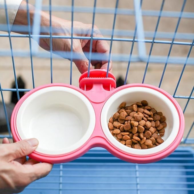 Pet Durable Bowl Cage Bowl, Pet Food Water Removable Bowls with Bolt Holder Hanging Cage Coop Cup Non-Skid Feeder Set Double Diners Portable for Feeding Dogs Cats Birds (Pink)