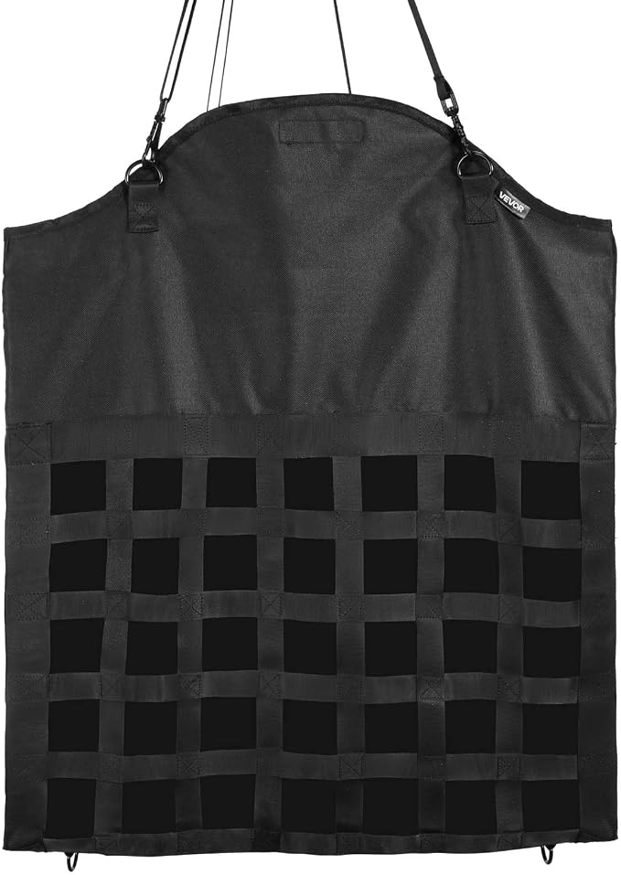 VEVOR Hay Bag for Horses, 21.65 x 7.28 x 25.2 in, 1.81 x 1.81 in Holes, Premium Nylon Construction with PVC Waterproof Coating, Adjustable Hanging Straps and Metal Hooks, Slow Feed Hay Bag for Horses