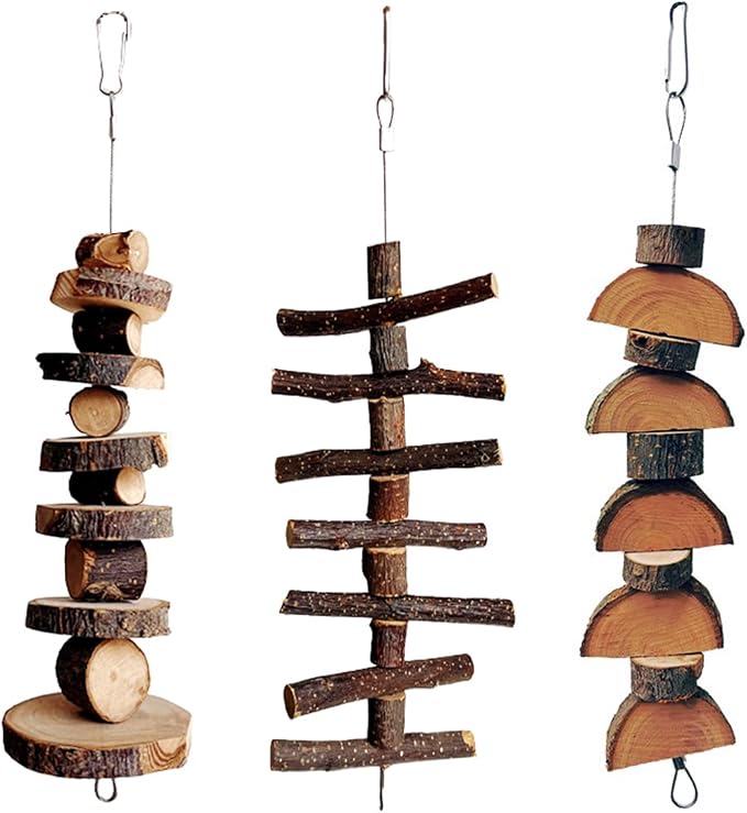3pcs Small Animal Chews Toy Natural Apple Wood Block Cage Hanging Molars Treats Snack for Hamsters Rabbits Bunny Bird Parrots Chinchilla Guinea Pig Gerbils Squirrels