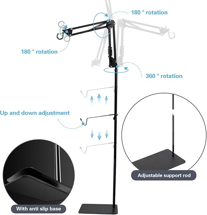 Reptile Heat Lamp Stand Adjustable Height 15.7-65.7 Inch Double Hooks Floor Light Holder with 360° Swing Arm and Phone Bracket for Reptile Glass Terrarium Heating Light, Black