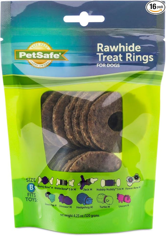 PetSafe Natural Rawhide Treat Ring Refills for Busy Buddy Dog Toys, Size B fits Small/Medium and Medium Toys, 16 Rings