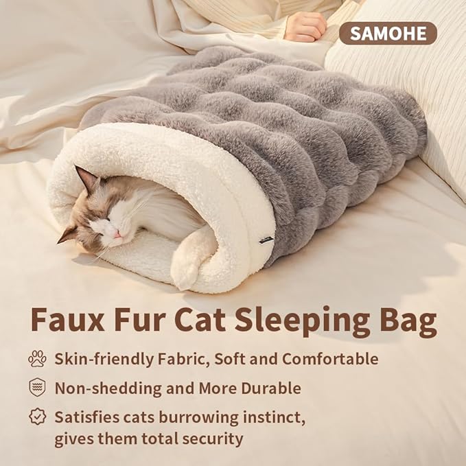 SOMAHE Cat Sleeping Bag for Indoor Cats, Faux Fur Pet Cave Bed & Burrow Nest, Reversible Plush Snuggle Sack, Portable Foldable Mat, Machine Washable, Anti-Static, 21.7"x17.7"Grey
